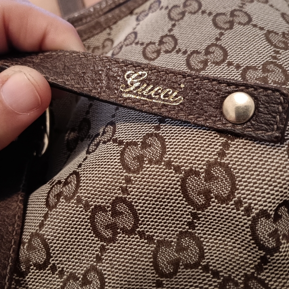 ๐ GUCCi ยฎ๏ธ Brown Monogram Cloth & Leather Shoulder Bag Purse - Picture 13 of 16